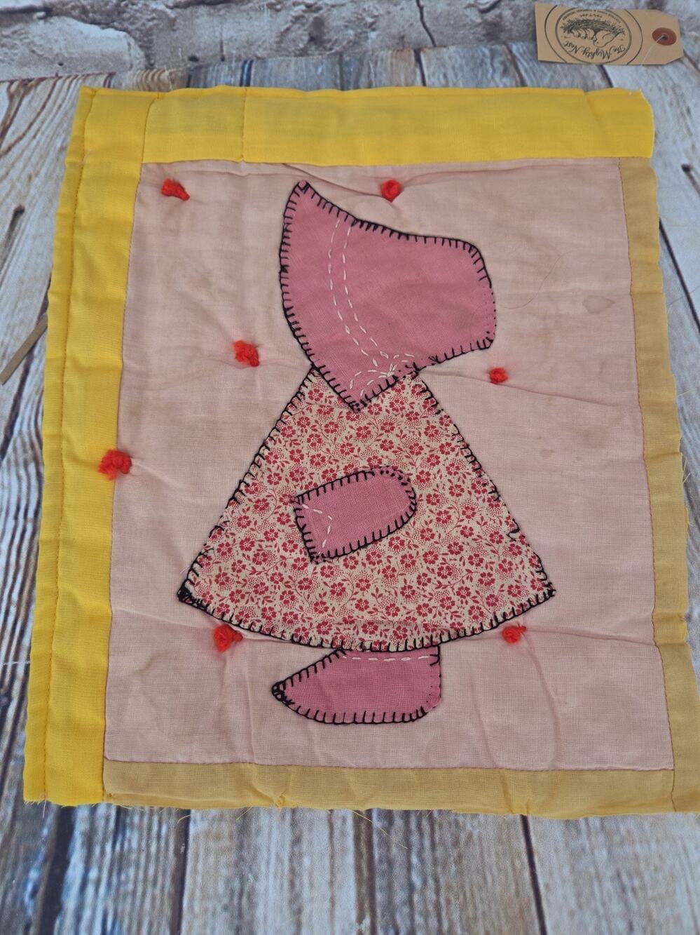 Vintage Cutter Quilt Piece 10” x 12” Sunbonnet Sue & Overall Sam Red Dress